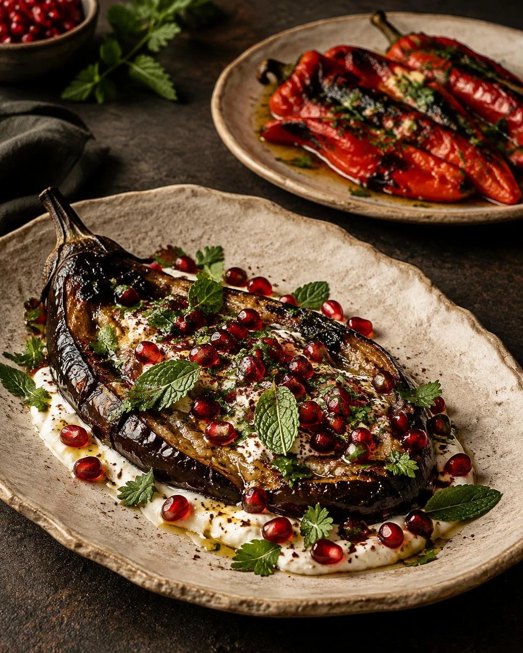 Charred aubergine and roasted peppers in handmade ceramics