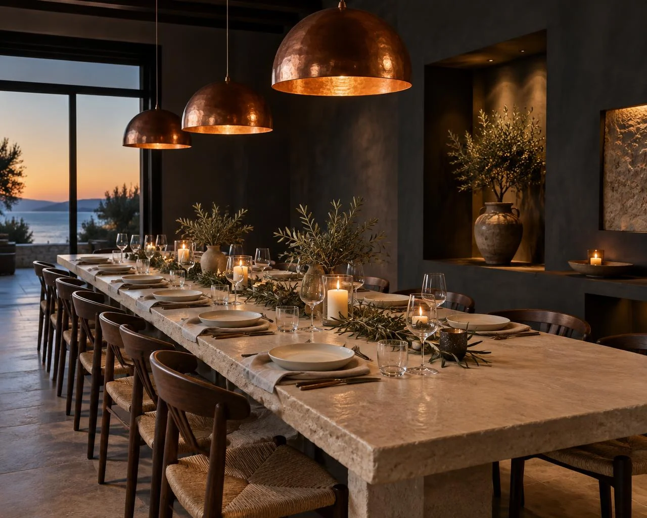 A limestone table set for an intimate gathering under copper lamps